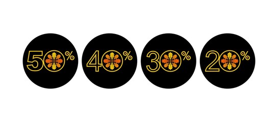 Stickers for autumn sales in modern line style. 20%, 30%, 40%, 50%. Vector illustration on a black background.