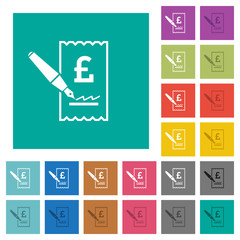 Signing Pound cheque square flat multi colored icons