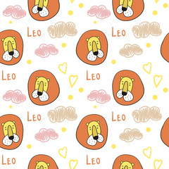 Seamless pattern with lion heads and clouds. Vector template suitable for wrapping paper, wallpaper and textile prints.