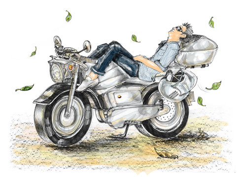 Biker life style cartoon paint is freedom he sleeping on bike