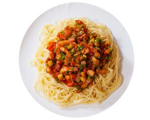 Spaghetti pasta with vegetables mix and bacon on white plate. top view. isolated on white