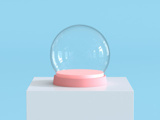 Empty snow glass ball with pastel pink tray on white  podium with pastel blue background. Kids theme. 3D rendering.
