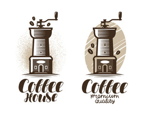 Cafe, coffeehouse logo or label. Coffee grinder, espresso, drink icon. Lettering vector illustration