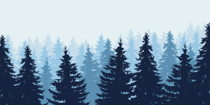 Blue realistic vector illustration of forest in winter under blue sky, layered © Forgem