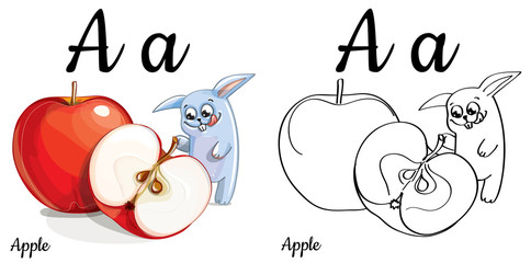 Apple. Vector alphabet letter A, coloring page