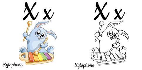 Xylophone. Vector alphabet letter X, coloring page