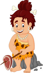 Cartoon female caveman holding meat