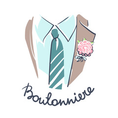 Wedding celebration attribute. Groom suit, shirt, tie and boutonniere close up. Line art on white background. Vector illustration eps 10.