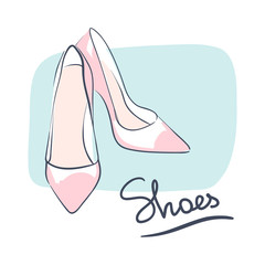 Wedding celebration attribute. Beautiful shoes for a bride. Line art on white background. Vector illustration eps 10.
