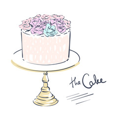 Wedding celebration attribute. Cake decorated with flowers on a stand. Line art on white background. Vector illustration eps 10.