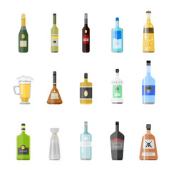 Alcohol drinks beverages cocktail appetizer bottle lager container drunk different glasses vector illustration.