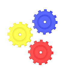 3D illustration of three colored mechanical cogs