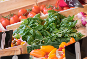 Fresh vegetables sold at local market. Tomatoes, bell peppers, mint and basilicum