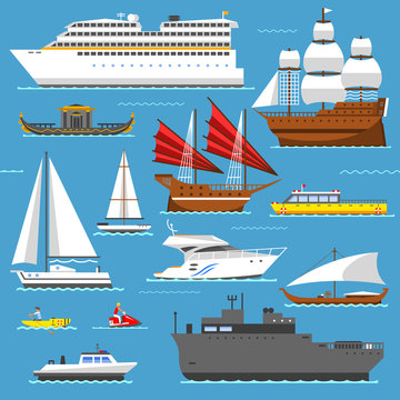 Super Set Of Water Ships Boats Transport Vector Illustration