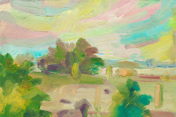 Abstract oil painting landscape background. An oil painting on canvas of a romantic colorful sunrise by the sea. Abstract oil painting