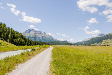 Naklejka premium Samedan, St. Moritz, Flaz, Fluss, Wanderweg, Engadin, Oberengadin, Alpen, Rosatschgruppe, Seenplatte, Graubünden, Sommer, Schweiz