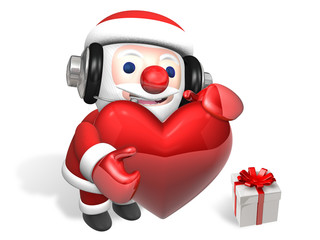3d santa holding big red heart with headphone and gift