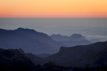 Beautiful sunset in the mountains. Canary Islands. The top of Terenif