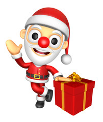 3D Santa mascot the right hand guides and the left hand is holding a Big Gift Box. 3D Christmas Character Design Series.