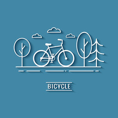 Line art bicycle design on the road in the park with big city view. Good for card,  banner, presentation, flyer, etc.