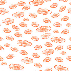 Sea watercolor seamless pattern with the image of medusa and abstract water lilies. Red sea pattern seamless background in watercolor. Seamless pattern with sea image of meduses. Ocean, water, sea.