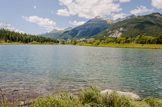 Samedan, Bergsee, Lej da Gravatscha, Flaz, Inn, Fluss, Hochmoor, Flussinsel, Engadin, Oberengadin, Alpen, Wanderweg, Graub&uuml;nden, Sommer, Schweiz