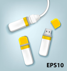 White Empty USB Flash Drive with yellow cap. Vector illustration drive memory with cord
