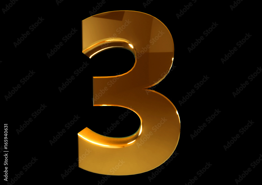 Poster golden number three on a black isolated background. number 3. numbers. 3d rendering