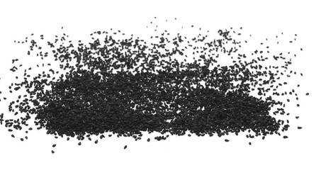 Pile of black cumin seeds isolated on white background