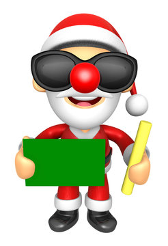 Wear sunglasses 3D Santa Mascot hand is holding a Chalk and Chalkboard. 3D Christmas Character Design Series.