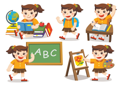Back to School. Cute children have fun and sitting at school desk and hand up to answer in class. A cute girl look up with interest and reading. Isolated vector.
