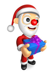 3D Santa mascot the hand is holding a Blue Big Gift Box. 3D Christmas Character Design Series.