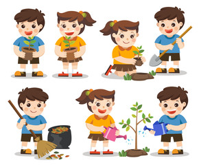 Set of cute kids volunteers. Save Earth. they planted and watering young trees. A cute boy gathering garbage. Isolated vector.