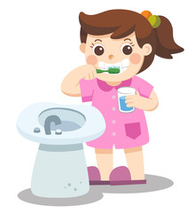 A Little girl happy to brush teeth in the morning. Isolated vector