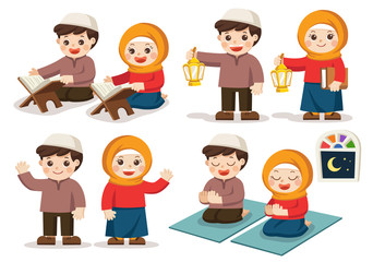 Muslim Boy and Girl reading Quran The Holy Book of Islam, Carrying Ramadan Lanterns,  Praying in the room. Isolated vector.
