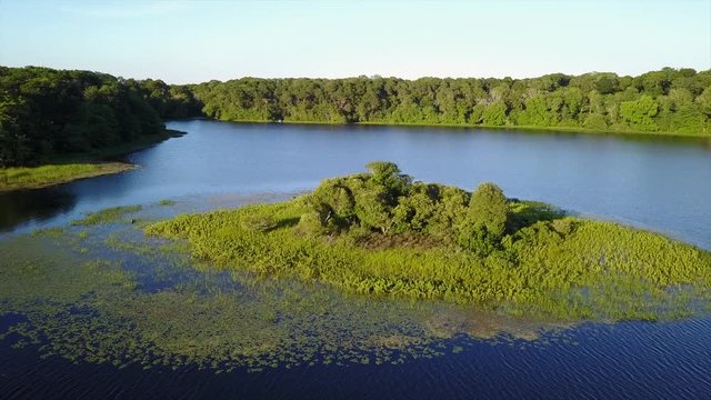 Aerial of Small Island in Lake on Cape Cod, Massachusetts