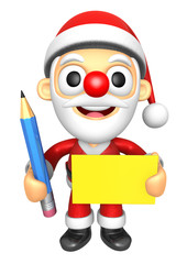 3D Santa Mascot hand is holding a Yellow paper and Pencil. 3D Christmas Character Design Series.
