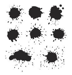 Black silhouettes splatters vector collection. Ink splat and paint drops vector illustration, isolated abstract vector illustration on white background