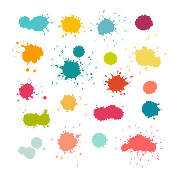 Colorful paint splashes and drops. Abstract watercolor splatters. Isolated vector illustration on white background