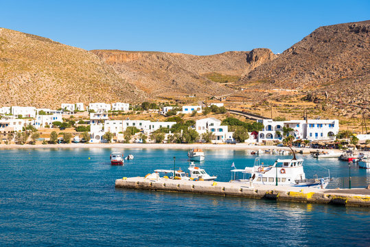 Karavostasi village, the main port of Folegandros island. Cyclades, Greece.