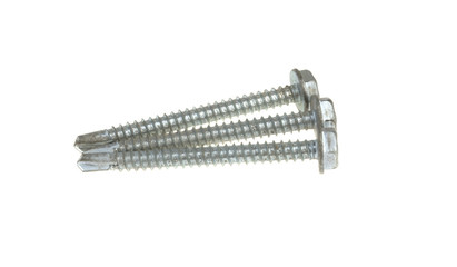 Self-tapping screw on metal on a white background