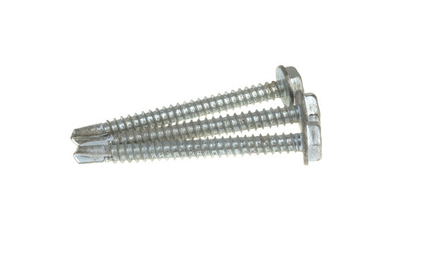 Self-tapping screw on metal on a white background