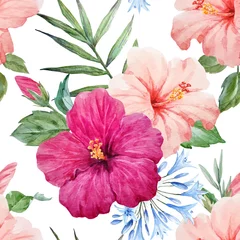 Wall murals Hibiscus Watercolor tropical hibiscus vector pattern