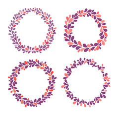 Circle frame vector collection, purple, pink and red colors. Hand drawn ornamental round frames. Isolated wreath set on white background