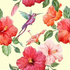 Watercolor tropical hibiscus vector pattern