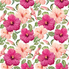 Watercolor tropical hibiscus vector pattern