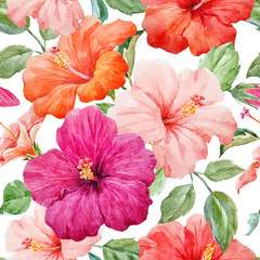 Watercolor tropical hibiscus vector pattern © zenina