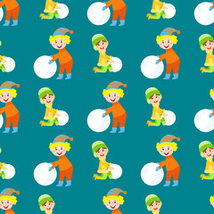 Christmas kids playing winter games children seamless pattern snowballs cartoon new year holidays vector characters illustration.