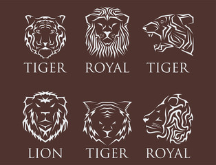 Tiger head royal badge with beautiful animal vector hand drawn lion face illustration.