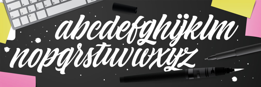 Calligraphic vector script font. Handwritten brush style modern calligraphy cursive typeface. Hand Lettering and Typography alphabet for Designs: Logos, Packaging Design, Poster. Typographic set.